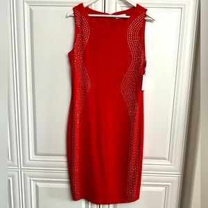 NWT Calvin Klein Size 12 Sleeveless Red w/Silver Beaded Panel Sheath Midi Dress